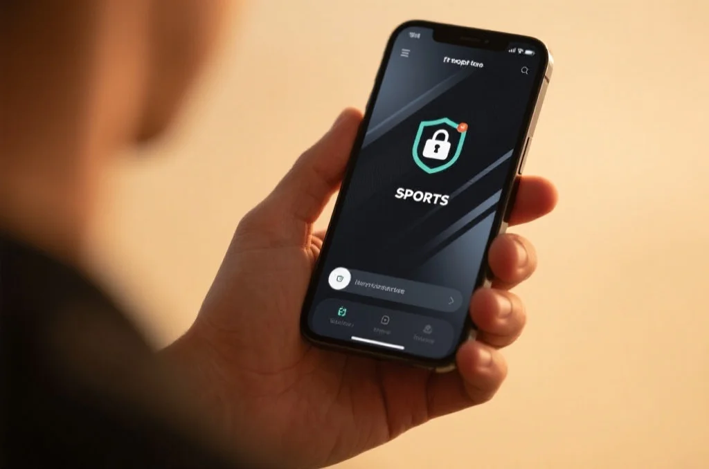 一个人正在使用满冠体育正版App,手机屏幕显示着安全且流畅的体育内容